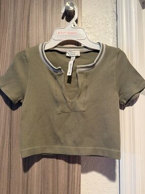 Altar'd State Olive Green Ribbed Crop Top with White Trim